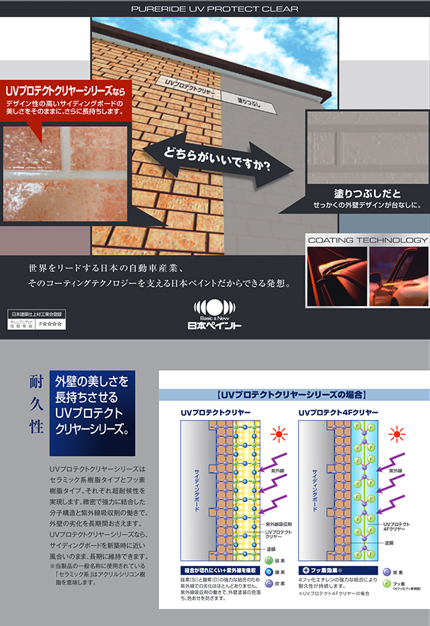 世界をリードする日本の自動車産業、そのコーティングテクノロジーを支える日本ペイントだからできる発送。外壁の美しさを長持ちさせるUVプロテクトクリヤーシリーズ